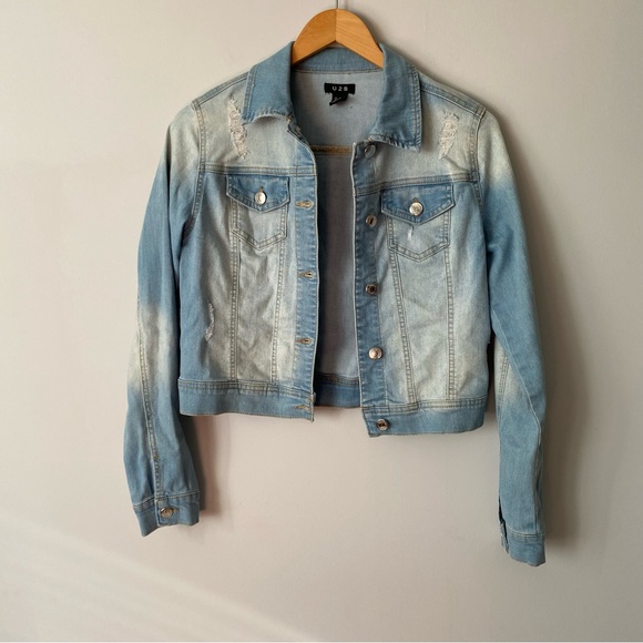 U2B light wash distressed stretch crop denim jean jacket - Small - Picture 3 of 16